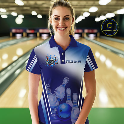 Personalized Blue Gradient Skull Bowling Shirts For Women Custom Bowling Team Jerseys Gift For Bowler NQS11138