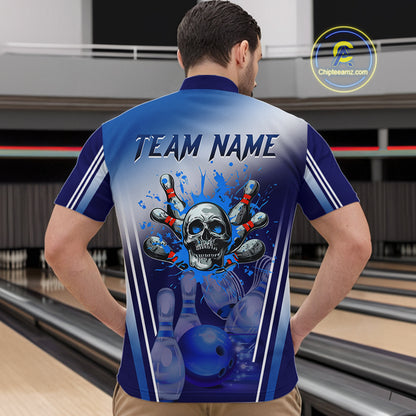 Personalized Blue Gradient Skull Bowling Shirts For Men Custom Bowling Team Jerseys Gift For Bowlers NQS11138