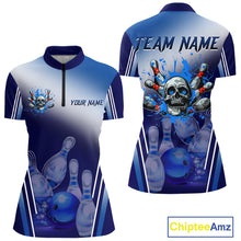Load image into Gallery viewer, Personalized Blue Gradient Skull Bowling Shirts For Women Custom Bowling Team Jerseys Gift For Bowler NQS11138