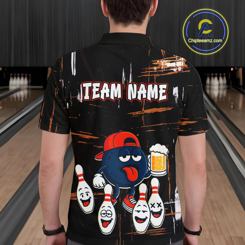 Custom Black And Orange Funny Beer Bowling Men Polo, Quarter Zip Shirts, funny bowling shirts NQS10959