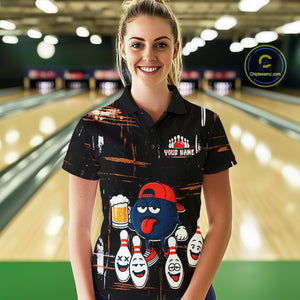 Custom Black And Orange Funny Beer Bowling Women Polo, Quarter Zip Shirts, funny bowling shirts NQS10959