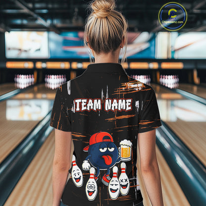Custom Black And Orange Funny Beer Bowling Women Polo, Quarter Zip Shirts, funny bowling shirts NQS10959