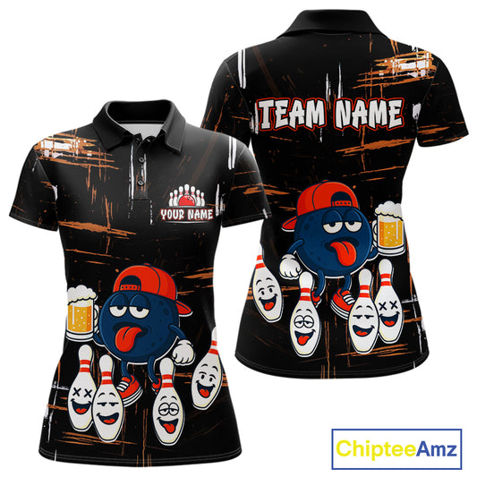 Custom Black And Orange Funny Beer Bowling Women Polo, Quarter Zip Shirts, funny bowling shirts NQS10959