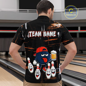 Custom Black And Orange Funny Beer Bowling Men Polo, Quarter Zip Shirts, funny bowling shirts NQS10959