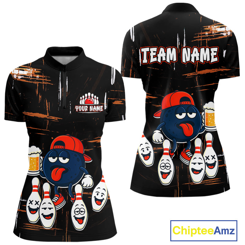 Custom Black And Orange Funny Beer Bowling Women Polo, Quarter Zip Shirts, funny bowling shirts NQS10959