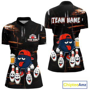 Custom Black And Orange Funny Beer Bowling Women Polo, Quarter Zip Shirts, funny bowling shirts NQS10959