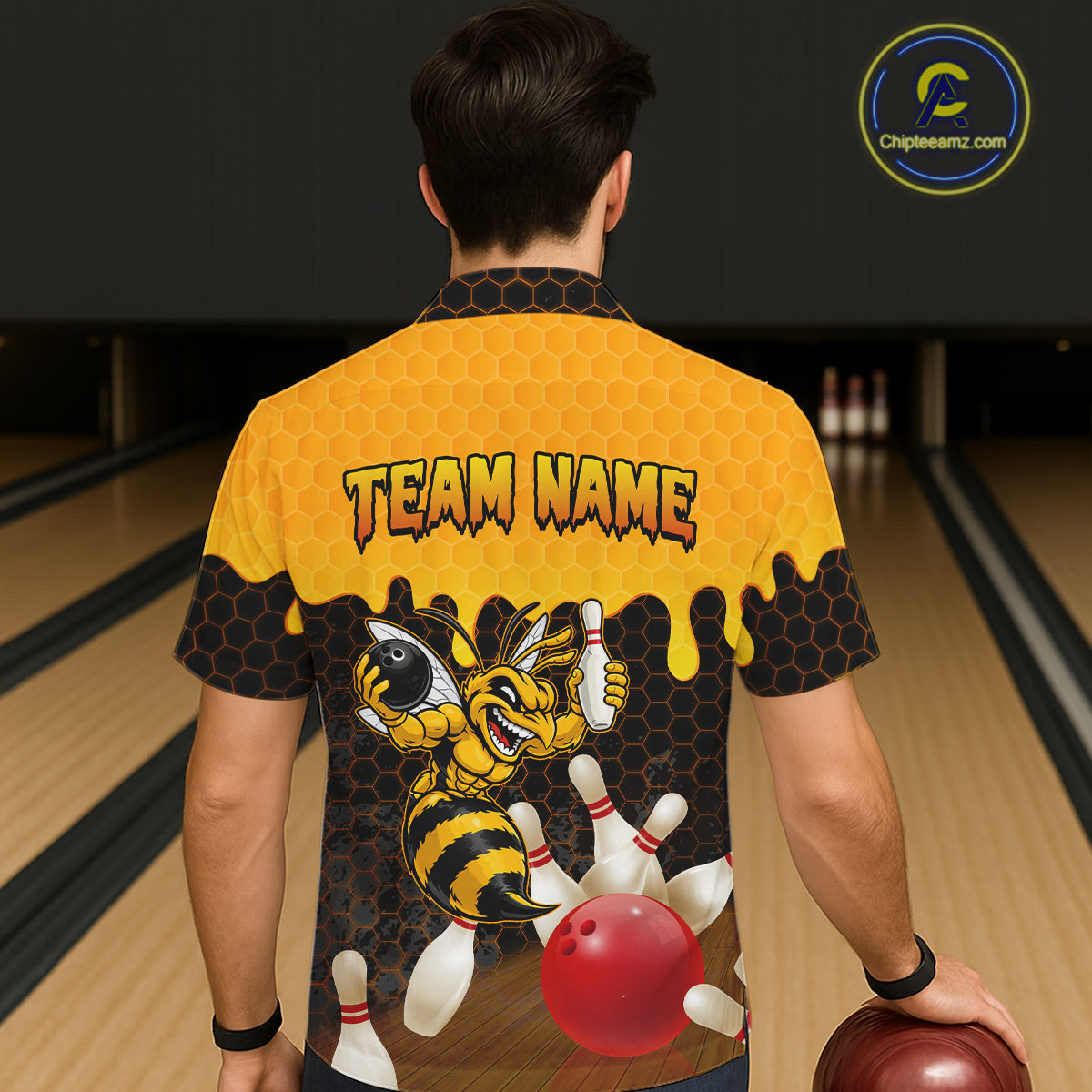 Custom Black and Yellow Honey Pattern Angry Bee Bowling Team Button-up Shirt, Bowling League Shirts NQS11705