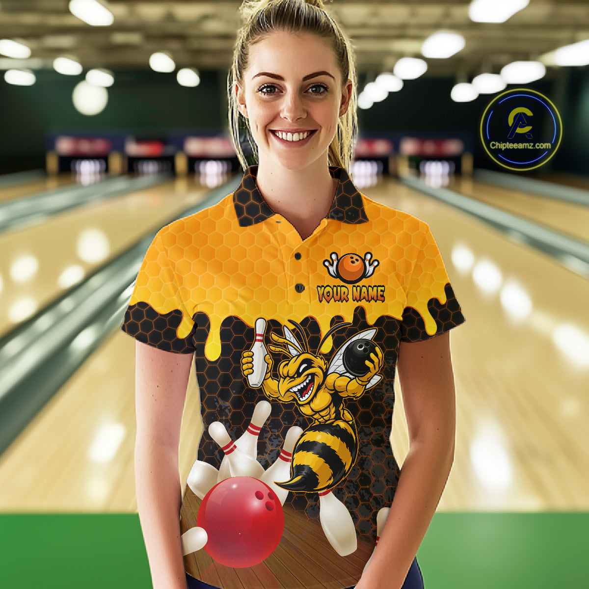 Custom Black and Yellow Honey Pattern Angry Bee Bowling Team Shirts For Women, Bowling League Shirts NQS11705