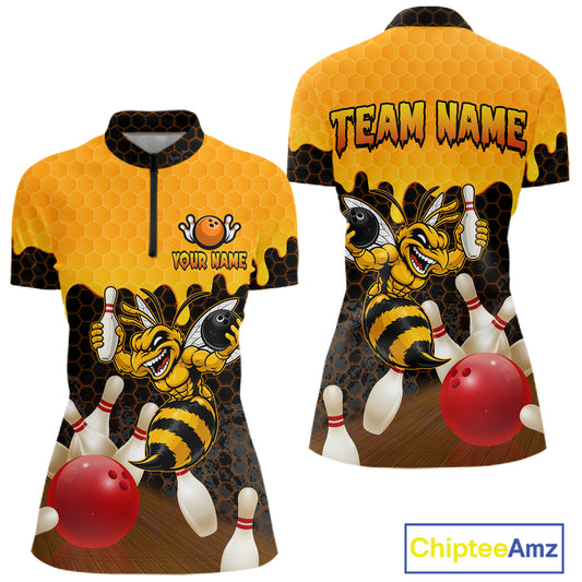 Custom Black and Yellow Honey Pattern Angry Bee Bowling Team Shirts For Women, Bowling League Shirts NQS11705
