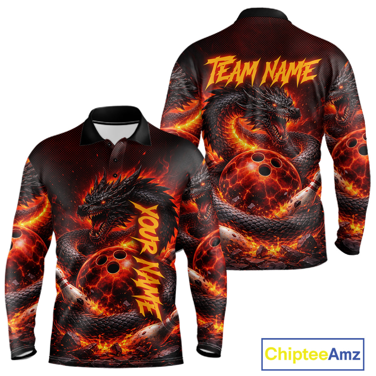 Custom Red Dragon Bowling Polo Shirts, Bowling 1/4 zip jersey For Men, Team Bowling League jerseys NQS11588