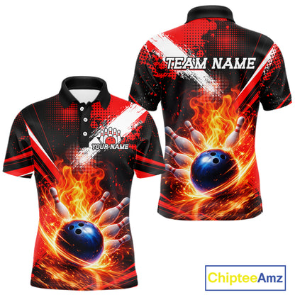 Custom Black and Red Flame Bowling Jersey Bowling Polo, 1/4 Zip Shirts for Men, Team bowling outfit NQS11595