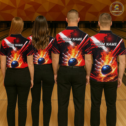 Custom Black and Red Flame Bowling Jersey Bowling Polo, 1/4 Zip Shirts for Men, Team bowling outfit NQS11595