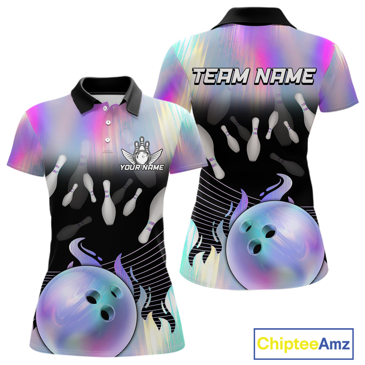 Bowling Polo Shirts For Women, 1/4 zip shirts Custom hologram Bowling Team Shirts Bowler Outfit NQS11385