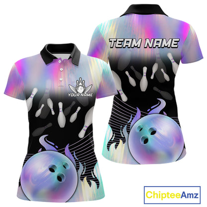 Bowling Polo Shirts For Women, 1/4 zip shirts Custom hologram Bowling Team Shirts Bowler Outfit NQS11385