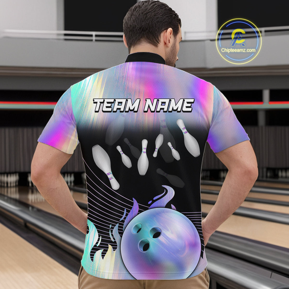 Bowling Polo Shirts For Men, 1/4 zip shirts Custom hologram Bowling Team Shirts Bowler Outfit NQS11385