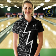 Load image into Gallery viewer, Black &amp; White Lightning Camo Bowling Polo, Quarter Zip Shirt For Women Custom Team Bowling Jersey NQS10854