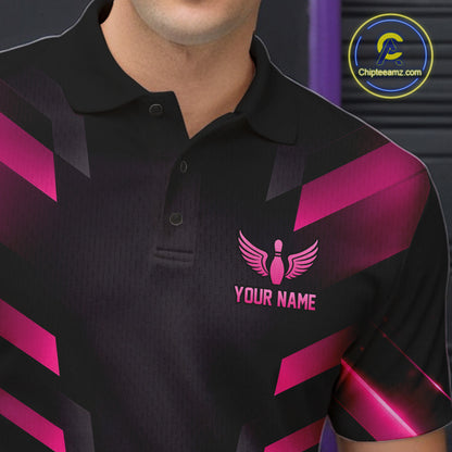 Black and Pink Bowling Polo, Quarter Zip Shirts For Men Custom Team Bowling Jersey, Gift For Bowlers NQS11633