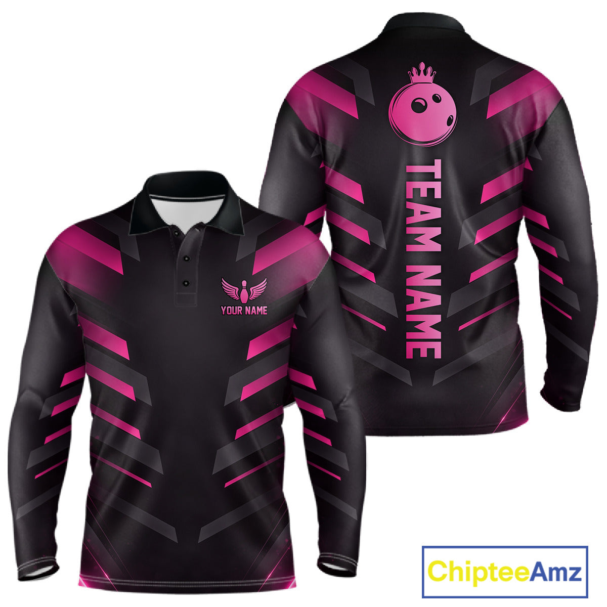 Black and Pink Bowling Polo, Quarter Zip Shirts For Men Custom Team Bowling Jersey, Gift For Bowlers NQS11633
