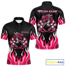 Load image into Gallery viewer, Black and Pink Flame Dragon Bowling Polo, 1/4 Zip Shirts For Men Custom Dragon Bowling Team Jerseys NQS11733