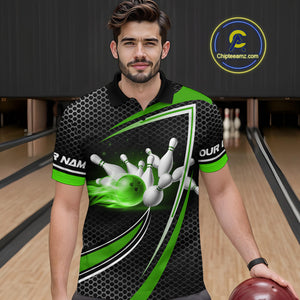 Black and Green Flame Bowling Shirts For Men Custom Team Bowling Jersey, Gift For Bowlers NQS10858