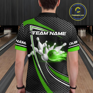 Black and Green Flame Bowling Shirts For Men Custom Team Bowling Jersey, Gift For Bowlers NQS10858