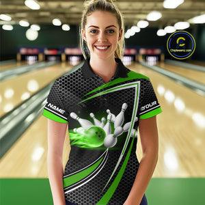 Black and Green Flame Bowling Shirts For Women Custom Team Bowling Jersey, Gift For Bowlers NQS10858