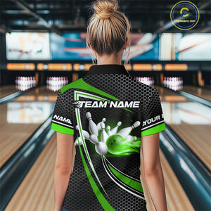 Black and Green Flame Bowling Shirts For Women Custom Team Bowling Jersey, Gift For Bowlers NQS10858