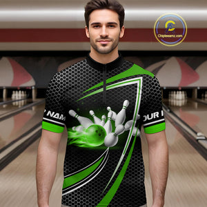 Black and Green Flame Bowling Shirts For Men Custom Team Bowling Jersey, Gift For Bowlers NQS10858