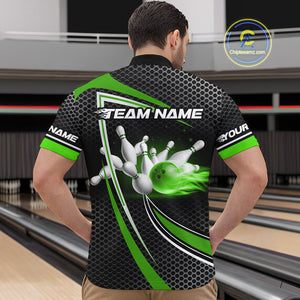 Black and Green Flame Bowling Shirts For Men Custom Team Bowling Jersey, Gift For Bowlers NQS10858