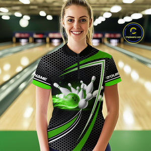 Black and Green Flame Bowling Shirts For Women Custom Team Bowling Jersey, Gift For Bowlers NQS10858