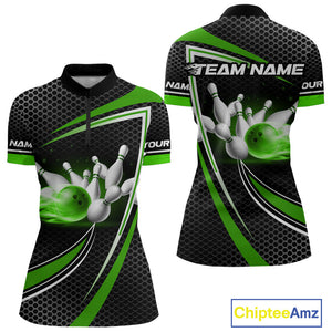 Black and Green Flame Bowling Shirts For Women Custom Team Bowling Jersey, Gift For Bowlers NQS10858