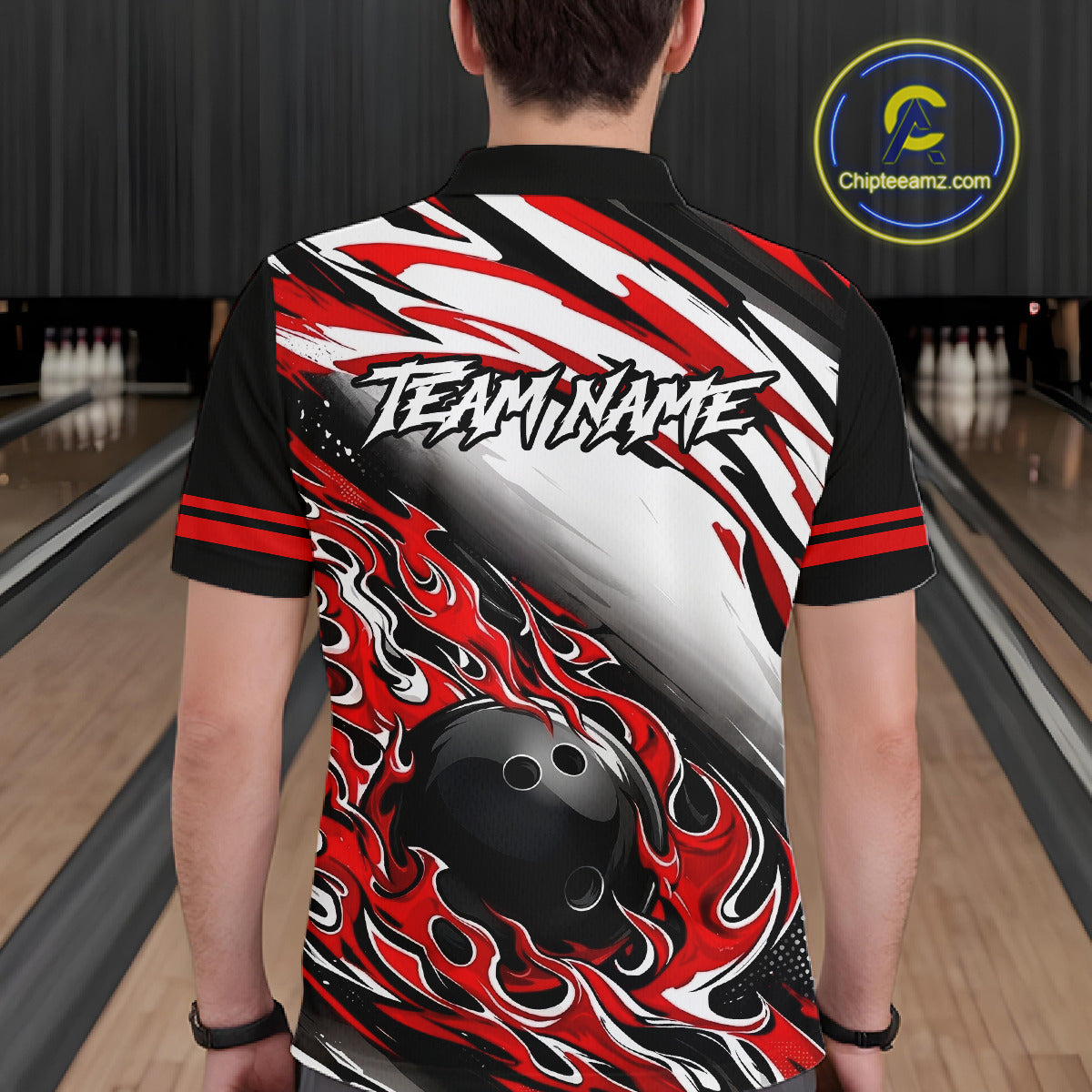 Red Flame Bowling Polo, Quarter Zip Shirts For Men Custom Bowling Team Jerseys, Gift For Bowlers NQS11738