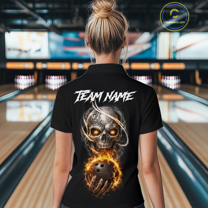 Flame Skull Reaper Bowling Polo, Quarter Zip Shirts For Women Custom Bowling Team Jerseys | Black NQS11745