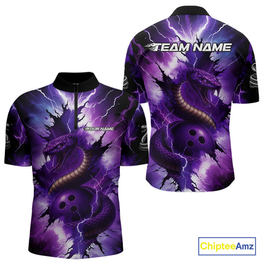 Custom Black And Purple Thunder Lightning Cobra Snake Bowling Men Polo, Quarter Zip Shirts For Team NQS10670