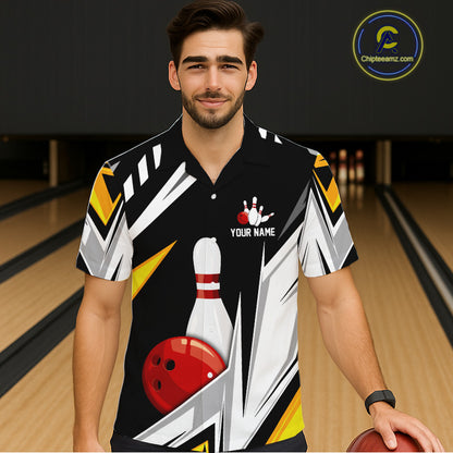 Black, White and Gold Bowling Hawaiian Shirt Custom Team Bowling Button Up Shirt League Jerseys NQS11264
