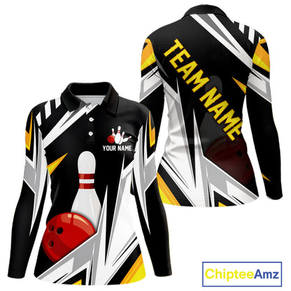 Black, White and Gold Women's bowling Polo, Quarter Zip shirts Custom Team bowling league jerseys NQS11264