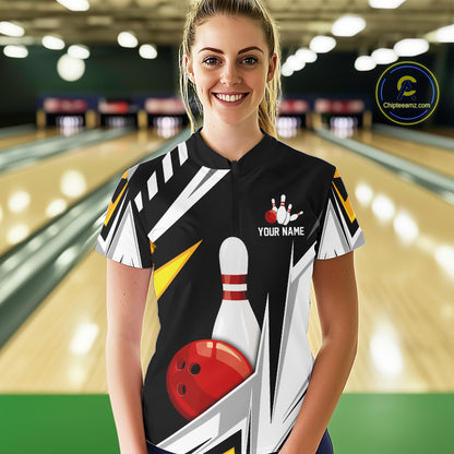 Black, White and Gold Women's bowling Polo, Quarter Zip shirts Custom Team bowling league jerseys NQS11264