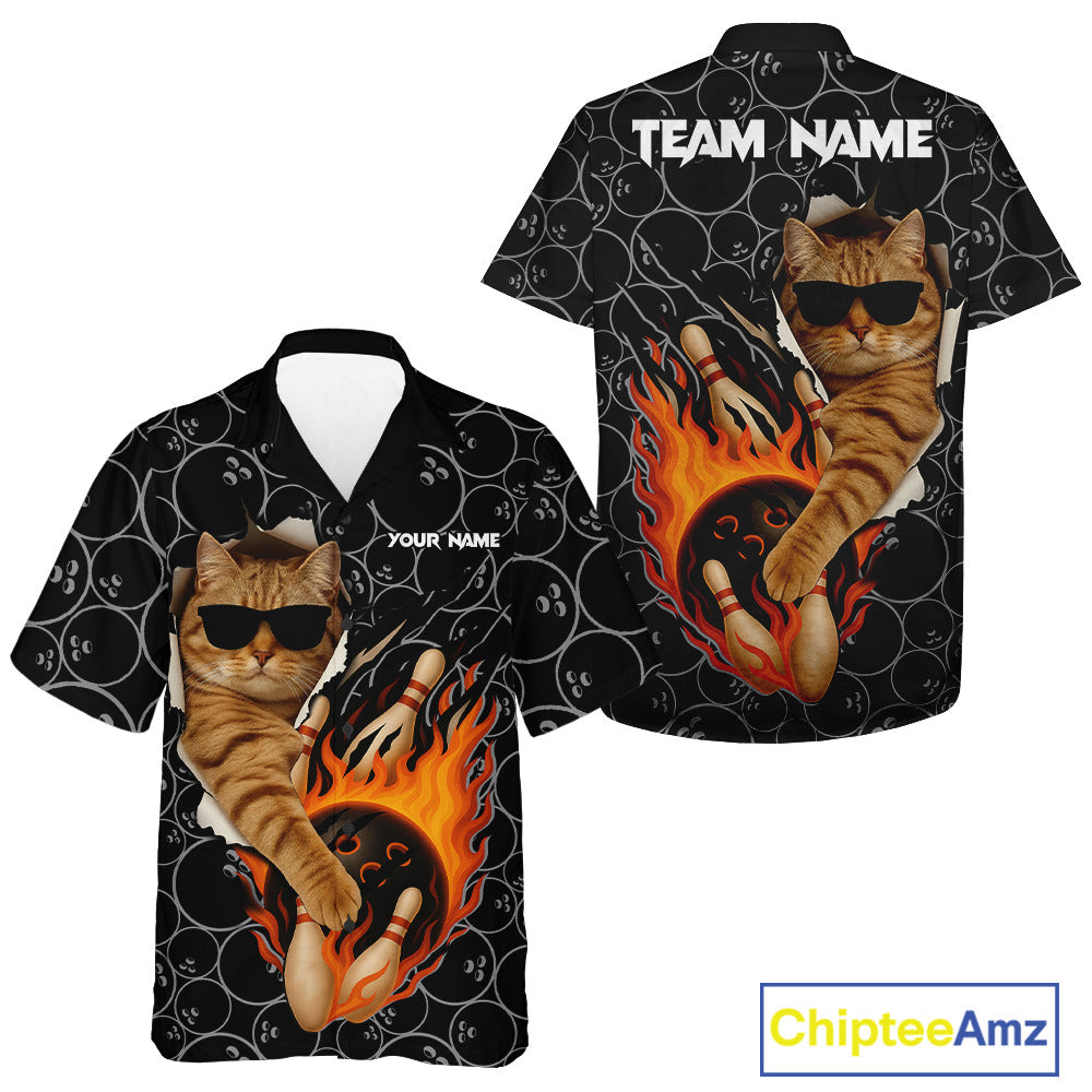 Custom Funny Cat Bowling Hawaiian shirt, black camo flame cool bowling uniform for team bowlers NQS11074
