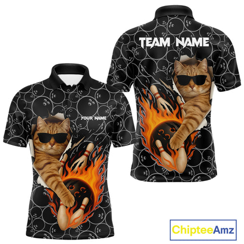 Custom Funny Cat Bowling shirts for men, black camo flame cool bowling uniform for team bowlers NQS11074
