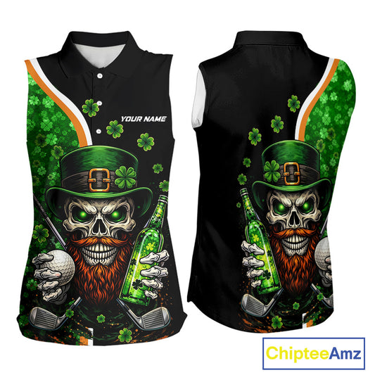 Green shamrock pattern St Patrick Skull Golf and Beer Sleeveless golf tops Custom ladies golf outfit NQS11483