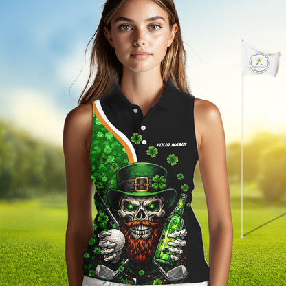 Green shamrock pattern St Patrick Skull Golf and Beer Sleeveless golf tops Custom ladies golf outfit NQS11483