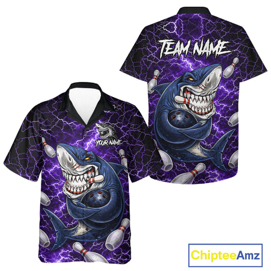 Purple Lightning Thunder Angry Shark Bowling button-up shirts Custom Shark Hawaiian Bowling Jersey NQS11757