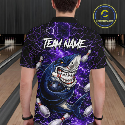 Purple Lightning Thunder Angry Shark Bowling shirts For Men Custom Shark Bowling Team Jerseys NQS11757