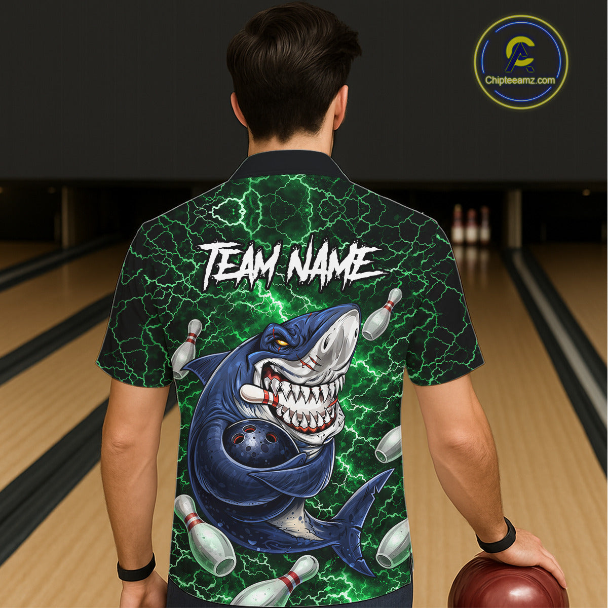 Green Lightning Thunder Angry Shark Bowling button-up shirts Custom Shark Hawaiian Bowling Jersey NQS11758