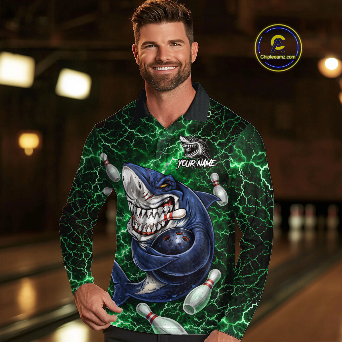 Green Lightning Thunder Angry Shark Bowling shirts For Men Custom Shark Bowling Team Jerseys NQS11758