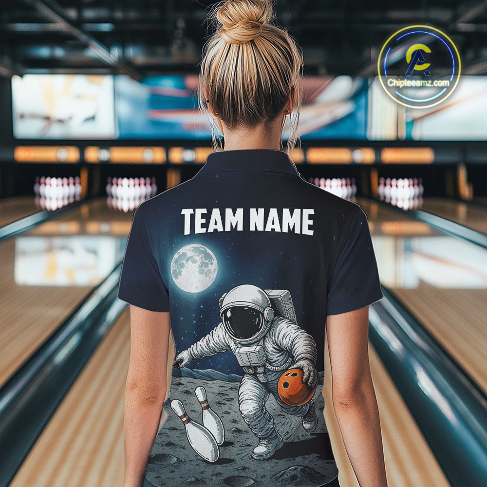 Funny Astronaut Bowling Polo, Quarter Zip Shirt For Women Custom Bowling Team Outfit, Gift For Bowler NQS10694