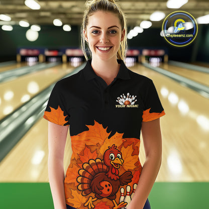 Black and Orange Autumn Leaf Custom Turkey Bowling Shirts For Women, Thanksgiving Bowling Team Jersey NQS10699