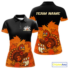 Load image into Gallery viewer, Black and Orange Autumn Leaf Custom Turkey Bowling Shirts For Women, Thanksgiving Bowling Team Jersey NQS10699