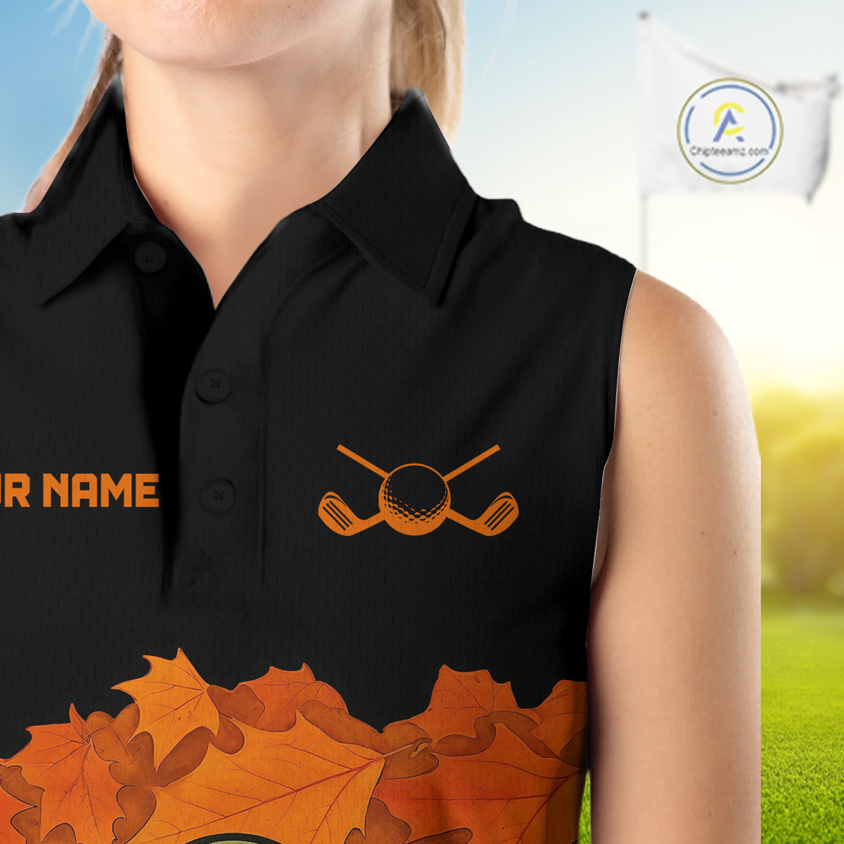 Black and Orange Autumn Leaf Custom Turkey Women Sleeveless Golf Polo Shirt, Thanksgiving Golf Attire NQS10700
