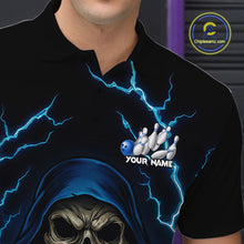 Load image into Gallery viewer, Black and Blue Lightning Thunder Reaper Skull Bowling Shirt For Men Custom Bowling Team League Jersey NQS10728